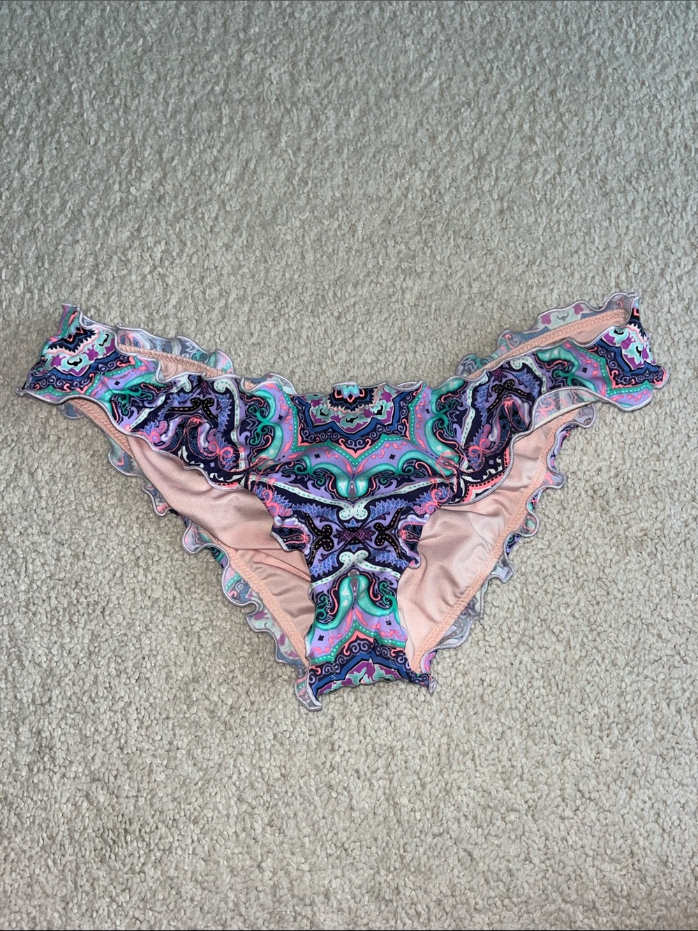 Victoria's Secret Peach Bikini Bottoms with Multicolor Paisley Ruffle
